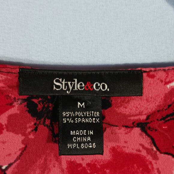 STYLE & CO Sparkly Top Red Black White Floral Cowl Neck 3/4 Sleeve Medium - Picture 2 of 7